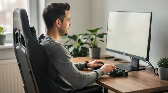 Professionnel travaillant concentré sur bureau moderne avec chaise gamer noire sobre