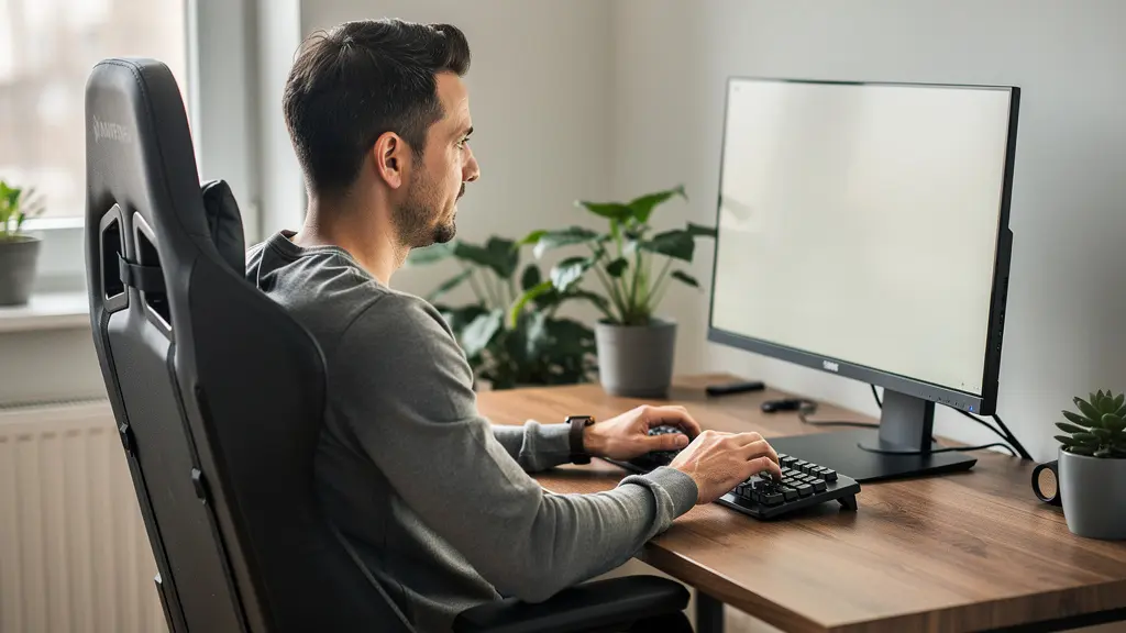 Professionnel travaillant concentré sur bureau moderne avec chaise gamer noire sobre