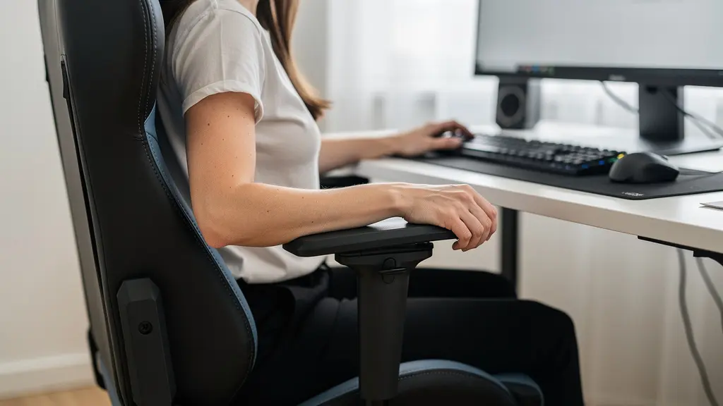 Personne ajustant la hauteur des accoudoirs sur chaise gamer