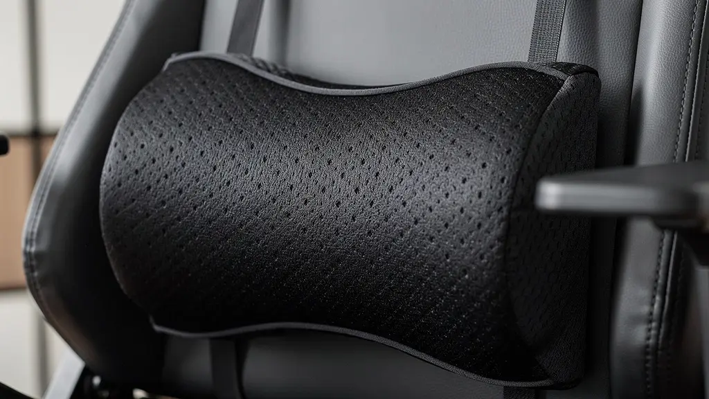 Détail du coussin lombaire ajustable sur chaise gamer noire