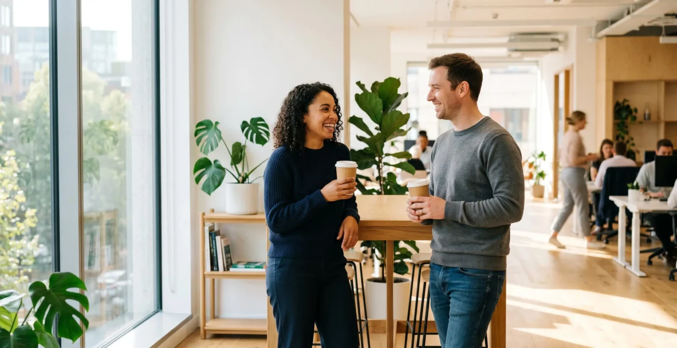 Deux collaborateurs en pause café dans un open space, tenant des gobelets en carton kraft