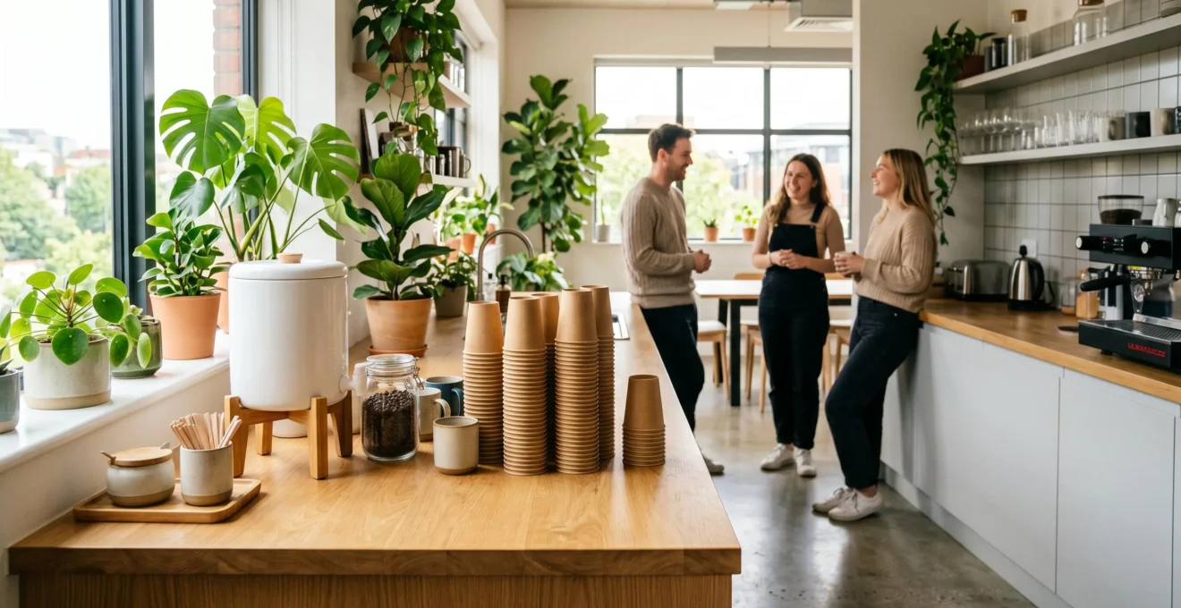 Espace de pause bureau moderne avec gobelets en carton kraft sur un comptoir épuré