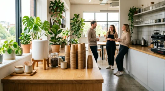 Espace de pause bureau moderne avec gobelets en carton kraft sur un comptoir épuré