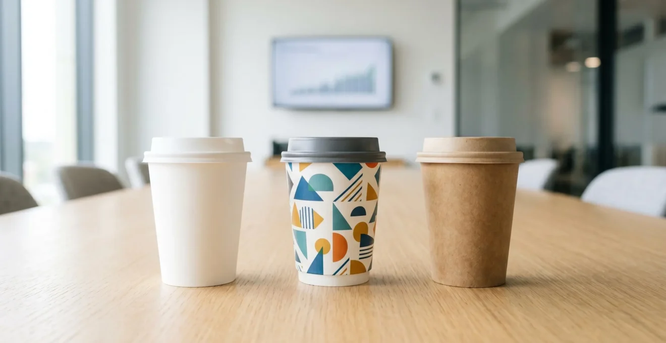 Alignement de trois gobelets en carton blanc, décoré et kraft sur une table de réunion lumineuse