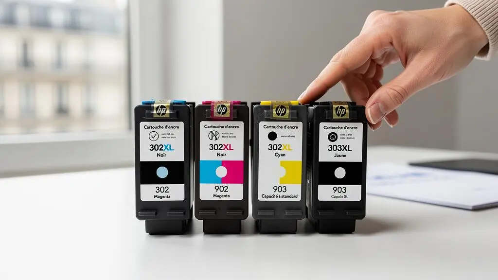 Plusieurs cartouches d'encre HP de différents modèles disposées côte à côte sur un bureau