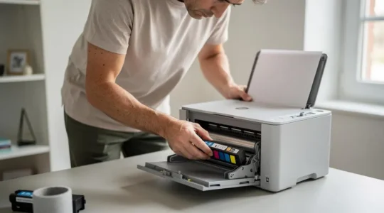 Personne installant une cartouche d'encre dans une imprimante à jet d'encre HP dans un bureau à domicile