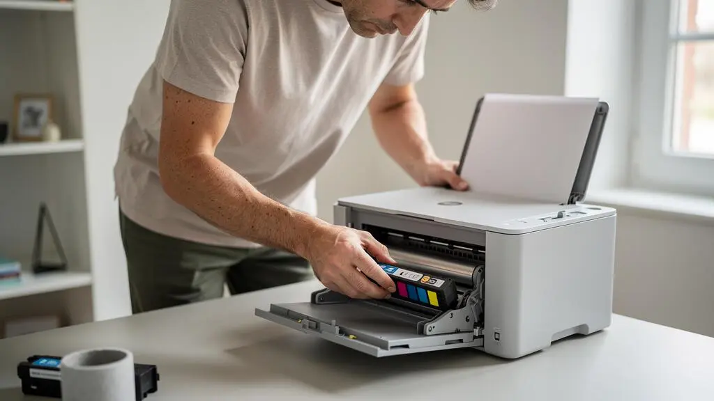 Personne installant une cartouche d'encre dans une imprimante à jet d'encre HP dans un bureau à domicile