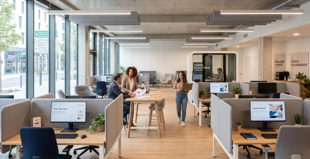 Open space français contemporain équipé de panneaux acoustiques, mobilier modulable et professionnels en activité sous lumière naturelle