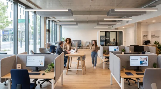 Open space français contemporain équipé de panneaux acoustiques, mobilier modulable et professionnels en activité sous lumière naturelle