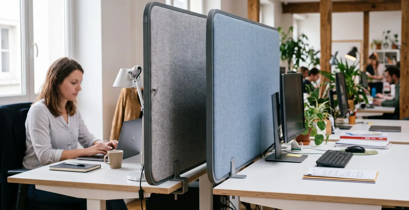 Panneaux séparateurs acoustiques textiles de 140 cm installés entre postes de travail dans un open space
