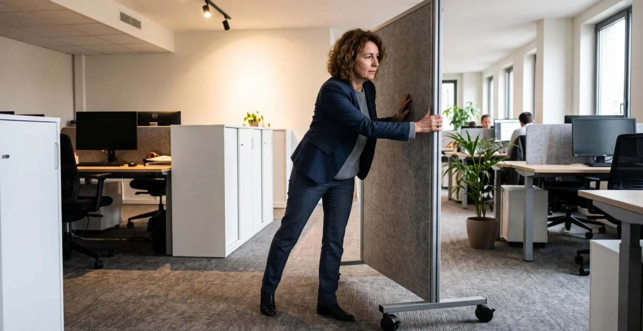 Professionnel déplaçant une cloison mobile sur roulettes pour reconfigurer l'agencement d'un open space