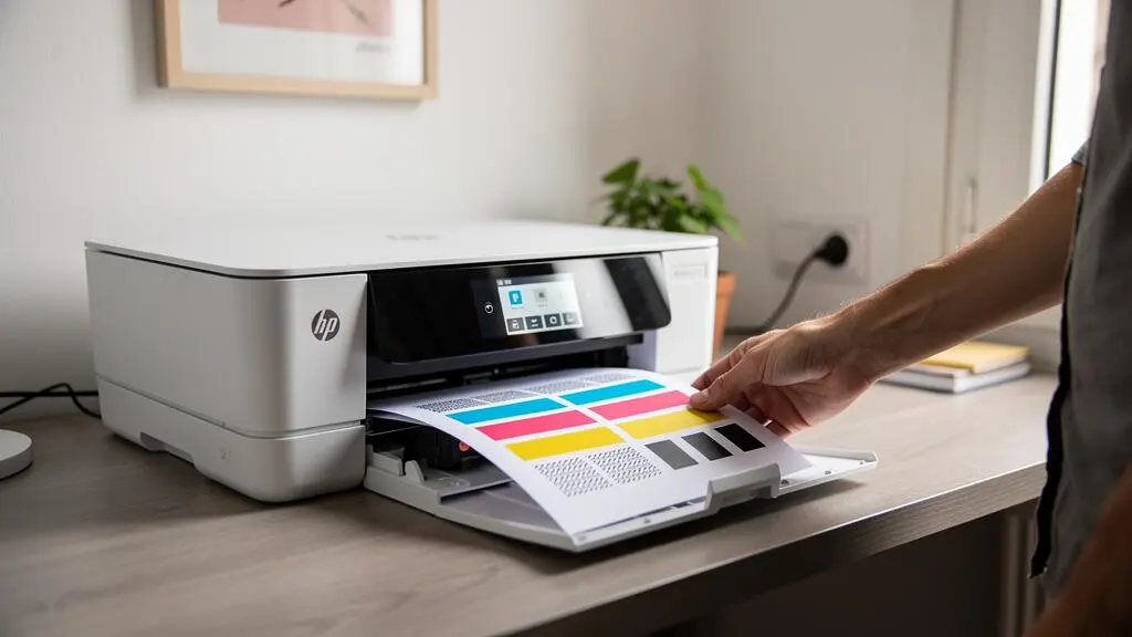 Page de test imprimée sortant d'une imprimante à jet d'encre après installation de la cartouche